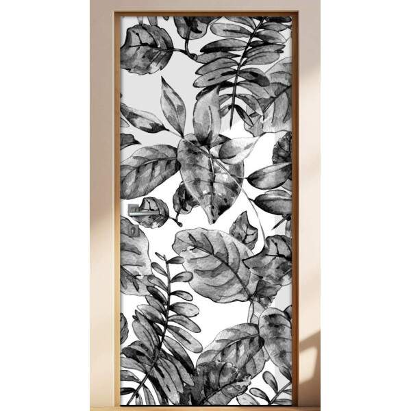 Adesivo Para Porta Folhas Tropicais Preto E Branco