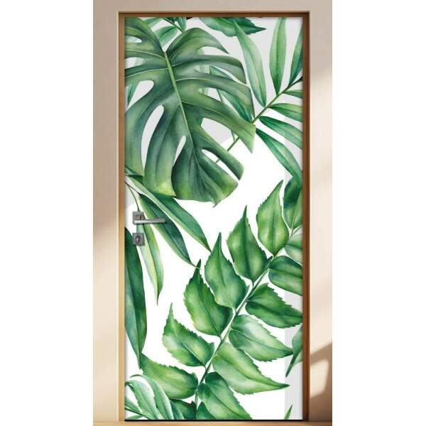 Adesivo Para Porta Folhas Tropicais Verdes