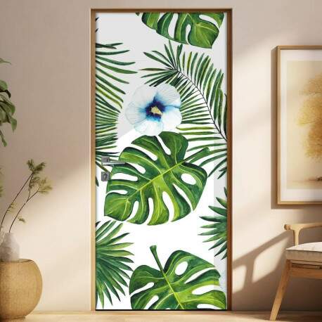 Adesivo Para Porta Folhas Verdes Com Flores Azuis