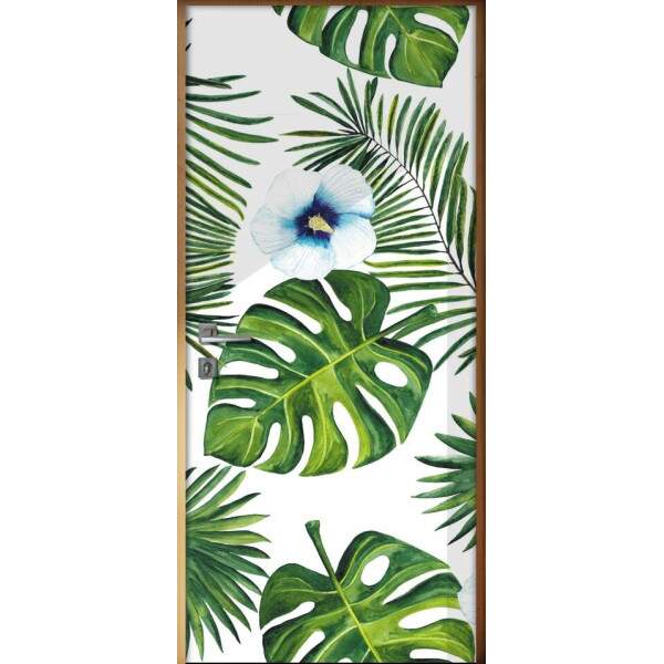 Adesivo Para Porta Folhas Verdes Com Flores Azuis