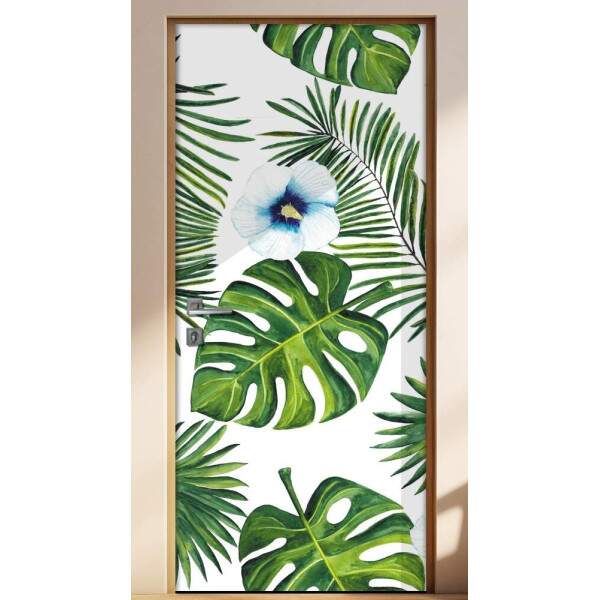 Adesivo Para Porta Folhas Verdes Com Flores Azuis