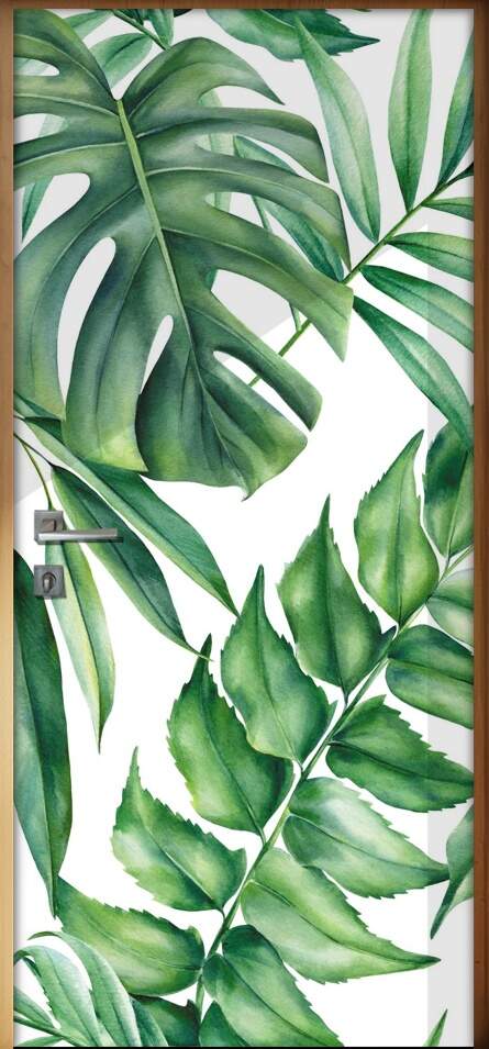 Adesivo Para Porta Jateado Impresso Folhas Tropical Mod 02
