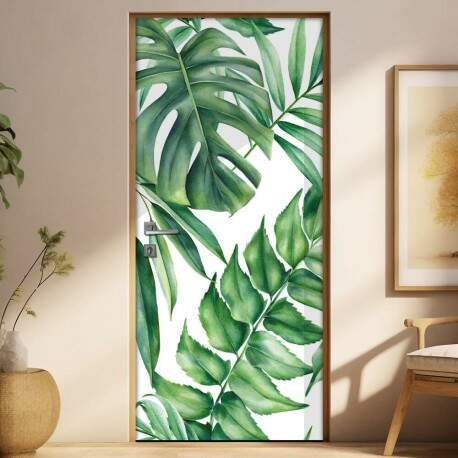 Adesivo Para Porta Jateado Impresso Folhas Tropical Mod 02