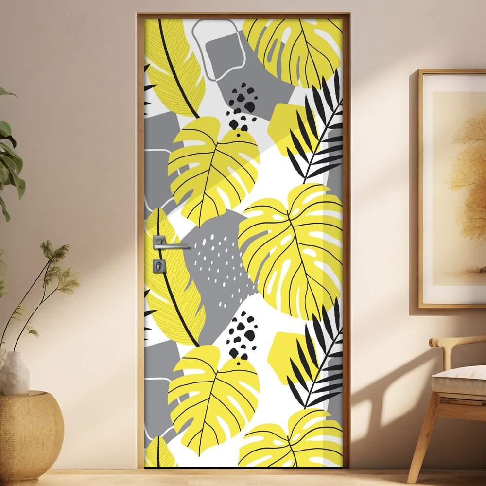 Adesivo Para Porta Jateado Impresso Floral Cinza E Amarelo