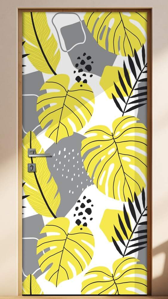 Adesivo Para Porta Jateado Impresso Floral Cinza E Amarelo