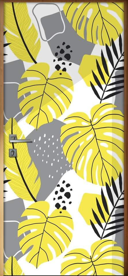 Adesivo Para Porta Jateado Impresso Floral Cinza E Amarelo