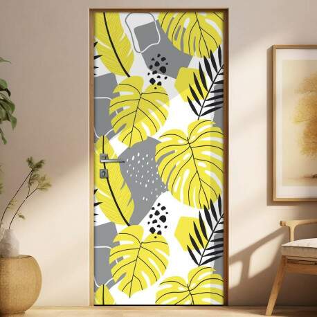 Adesivo Para Porta Jateado Impresso Floral Cinza E Amarelo
