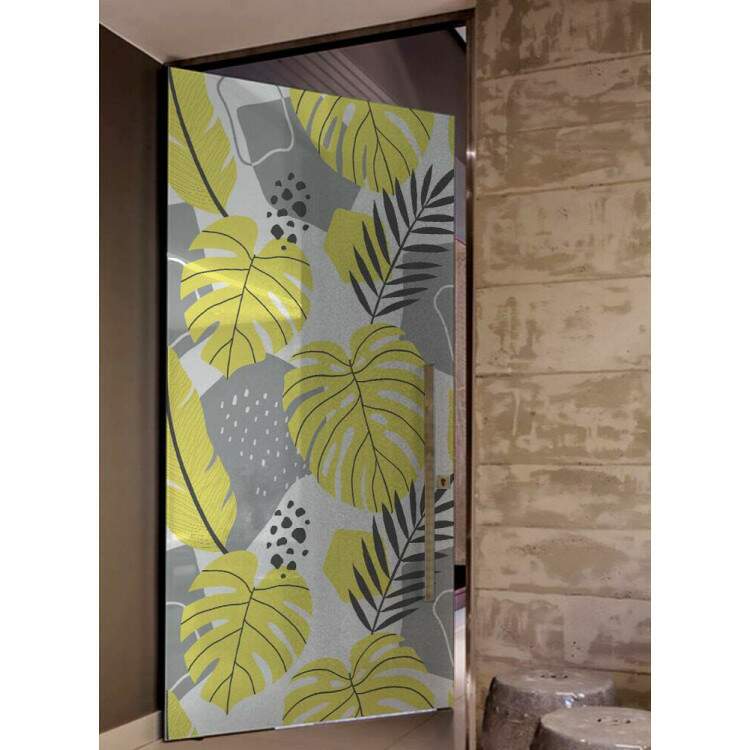 Adesivo Para Porta Jateado Impresso Floral Cinza E Amarelo