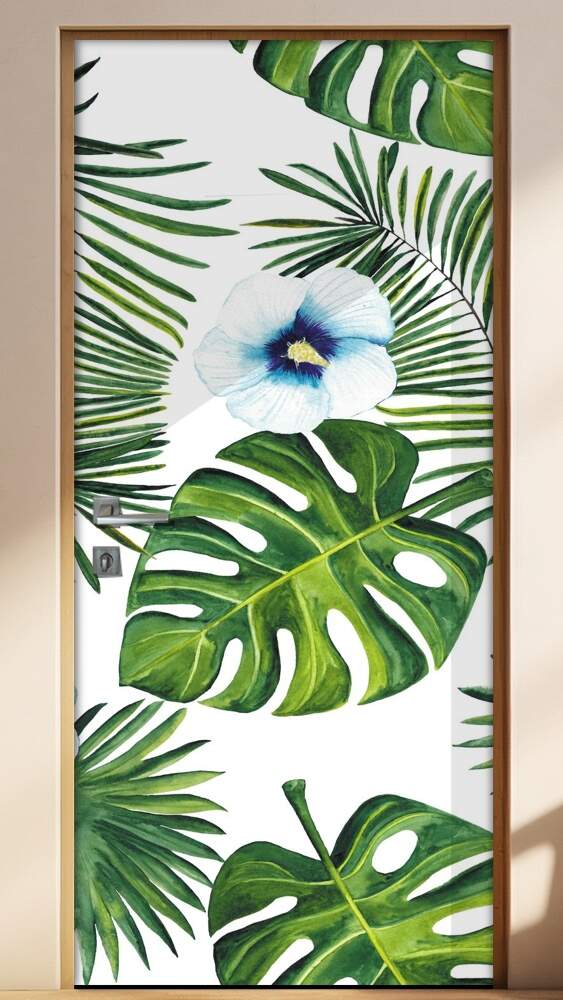 Adesivo Para Porta Jateado Impresso Folhas Verde Com Flores Azuis