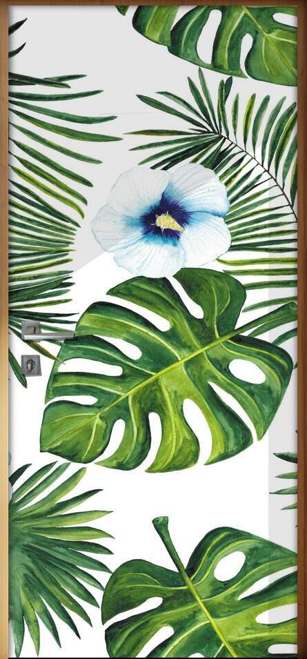 Adesivo Para Porta Jateado Impresso Folhas Verde Com Flores Azuis