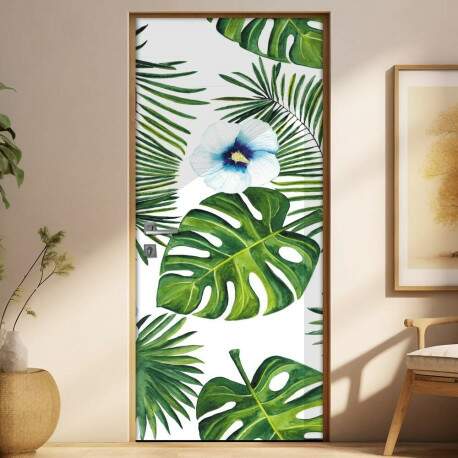 Adesivo Para Porta Jateado Impresso Folhas Verde Com Flores Azuis