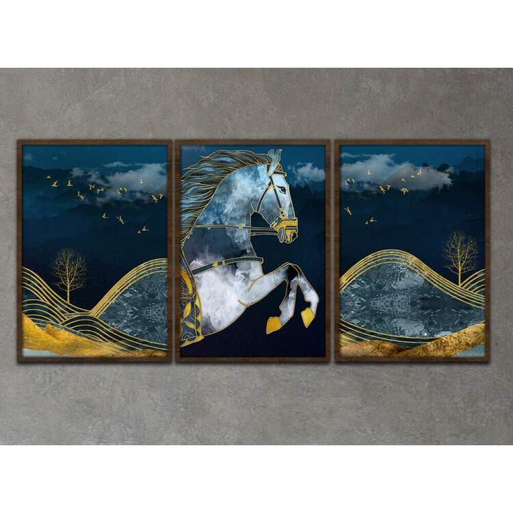 Kit 3 Quadros Decorativos Abstrato Cavalo Dourado