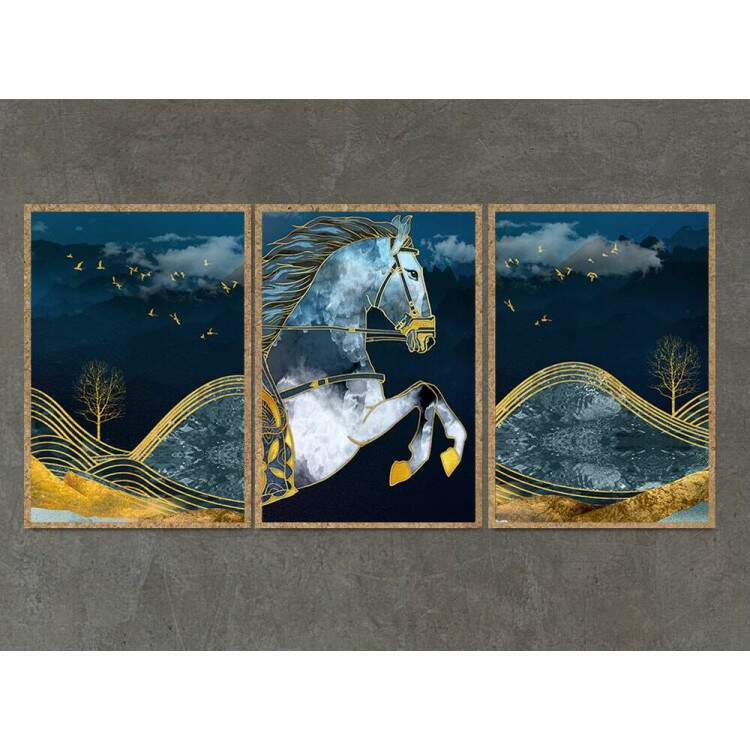 Kit 3 Quadros Decorativos Abstrato Cavalo Dourado