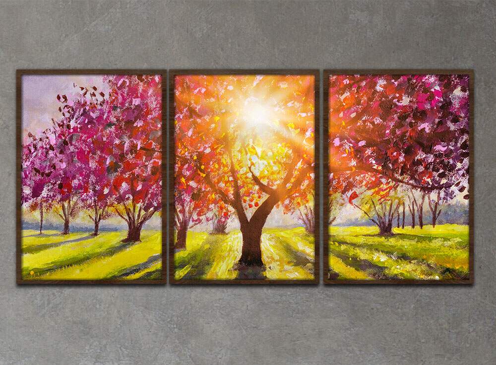 Kit 3 Quadros Decorativos Pintura �rvore e Por do Sol
