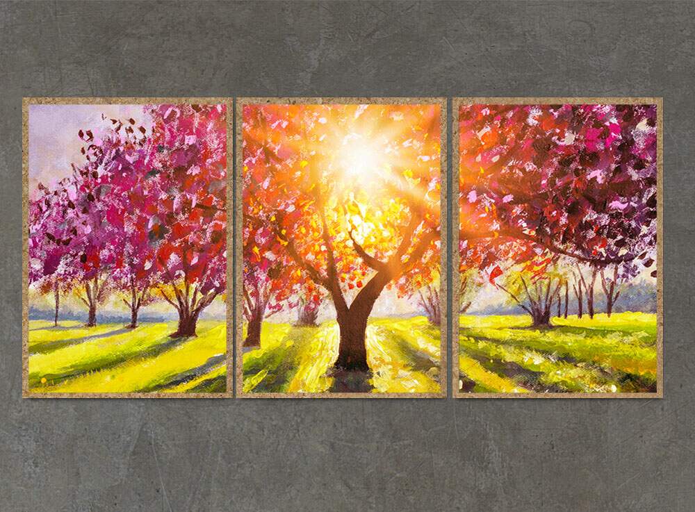 Kit 3 Quadros Decorativos Pintura �rvore e Por do Sol