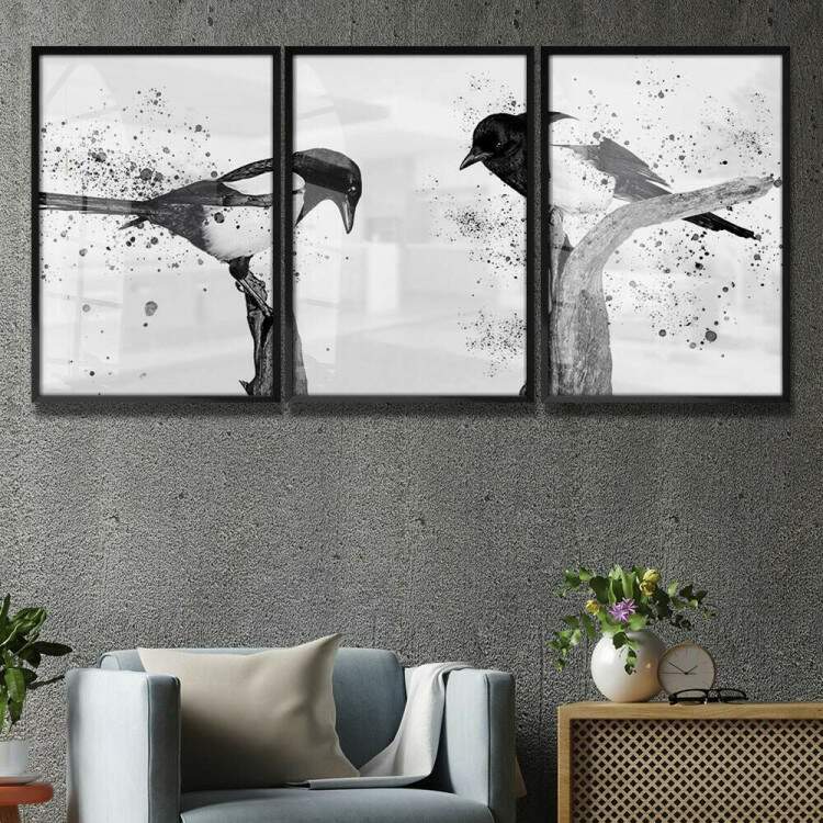 Kit 3 Quadros Decorativos Abstrato Pssaros Preto e Branco No Galho