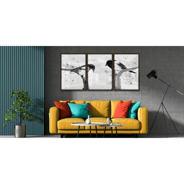 Kit 3 Quadros Decorativos Abstrato Pssaros Preto e Branco No Galho