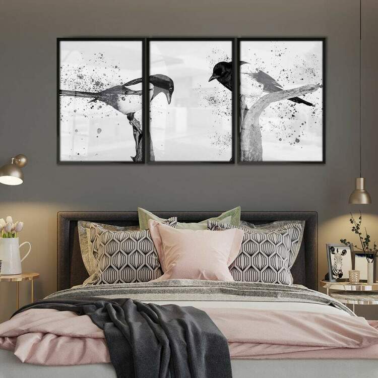 Kit 3 Quadros Decorativos Abstrato Pssaros Preto e Branco No Galho