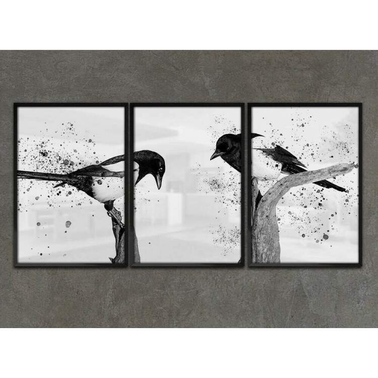 Kit 3 Quadros Decorativos Abstrato Pssaros Preto e Branco No Galho