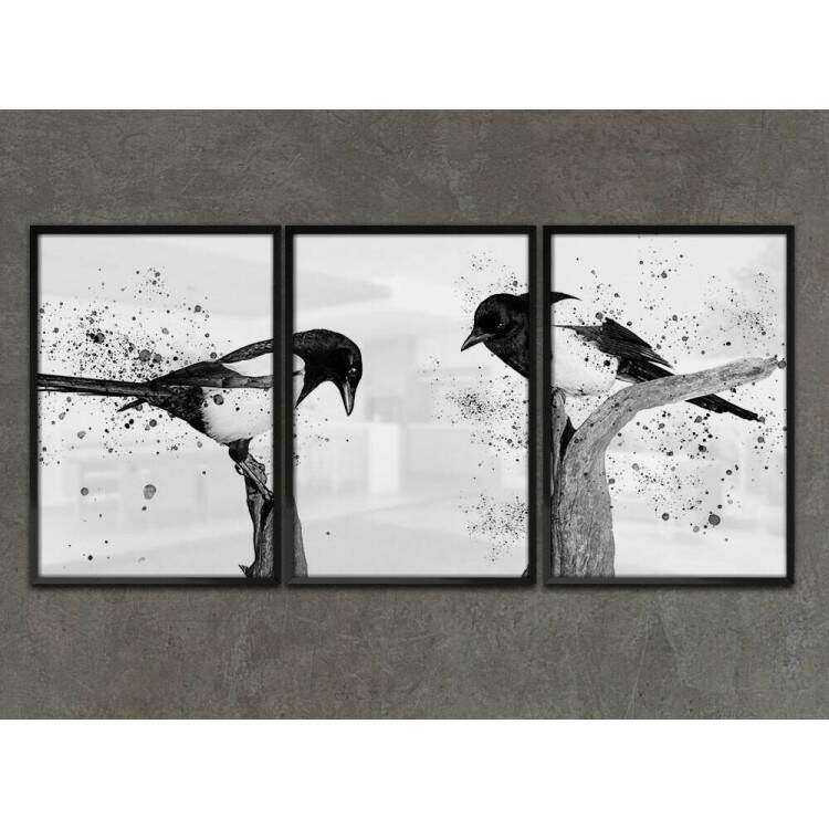 Kit 3 Quadros Decorativos Abstrato Pssaros Preto e Branco No Galho