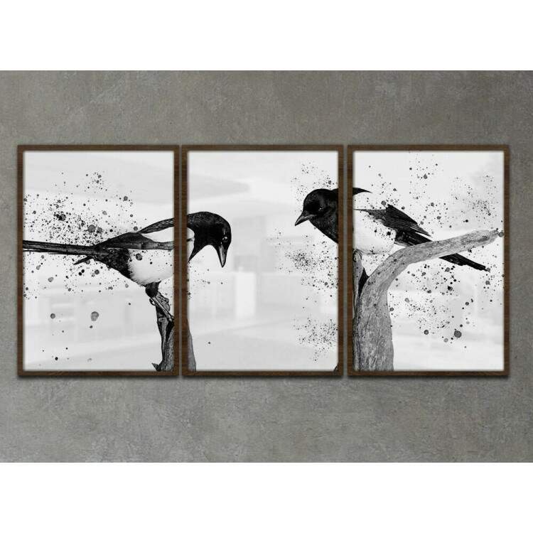 Kit 3 Quadros Decorativos Abstrato Pssaros Preto e Branco No Galho