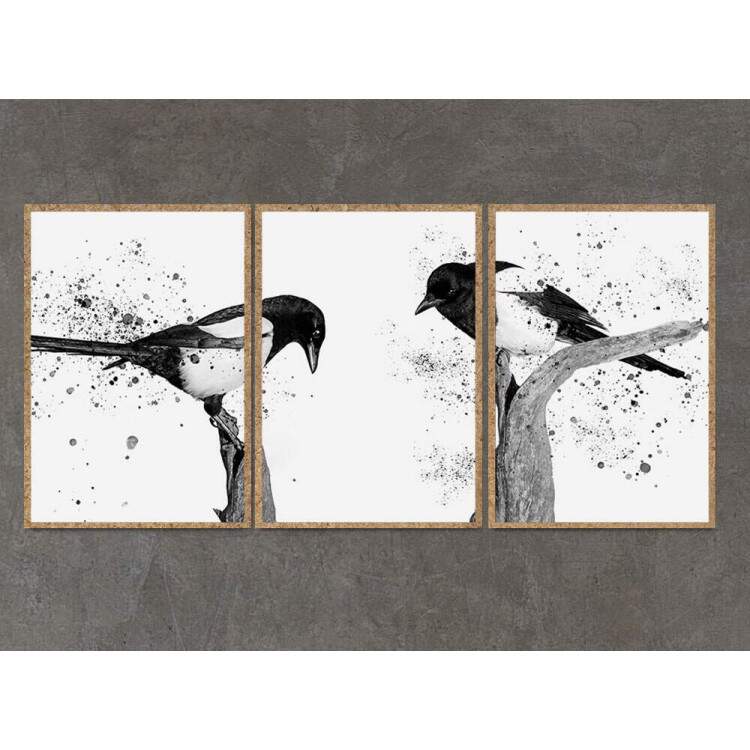 Kit 3 Quadros Decorativos Abstrato Pssaros Preto e Branco No Galho