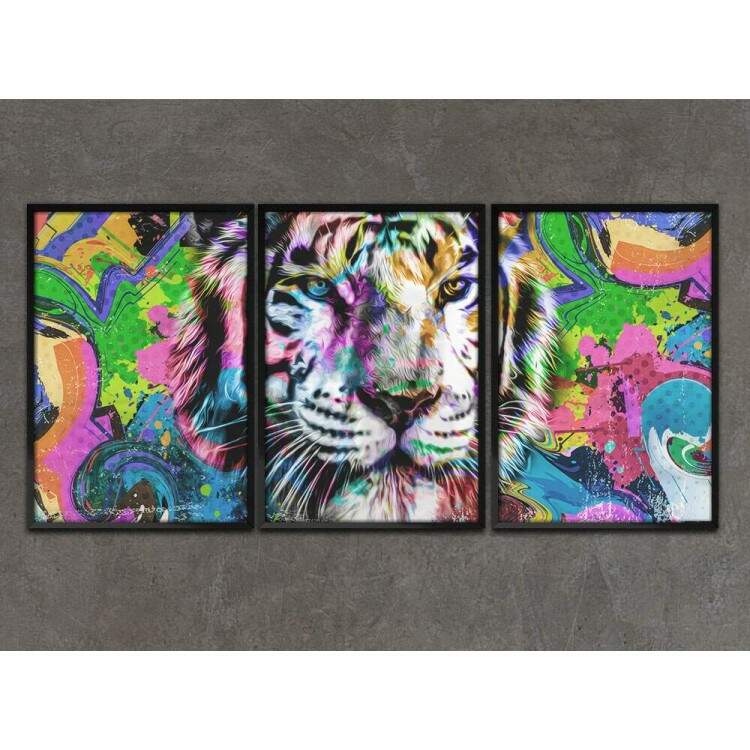 Kit 3 Quadros Decorativos Pintura Tigre Colorido