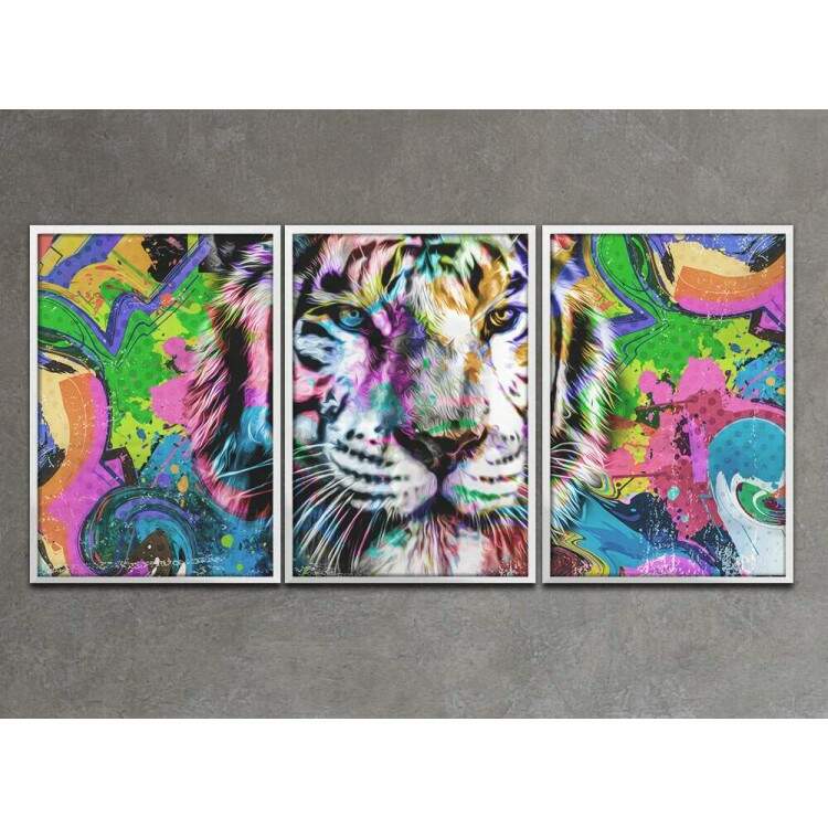 Kit 3 Quadros Decorativos Pintura Tigre Colorido