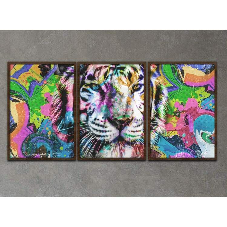 Kit 3 Quadros Decorativos Pintura Tigre Colorido