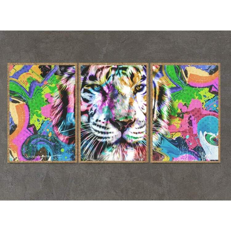 Kit 3 Quadros Decorativos Pintura Tigre Colorido