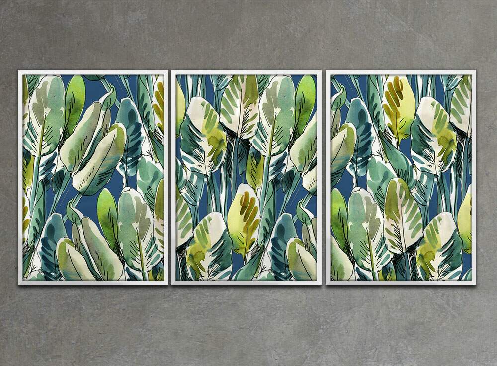 Kit 3 Quadros Decorativos Desenho Folhas Tropicais