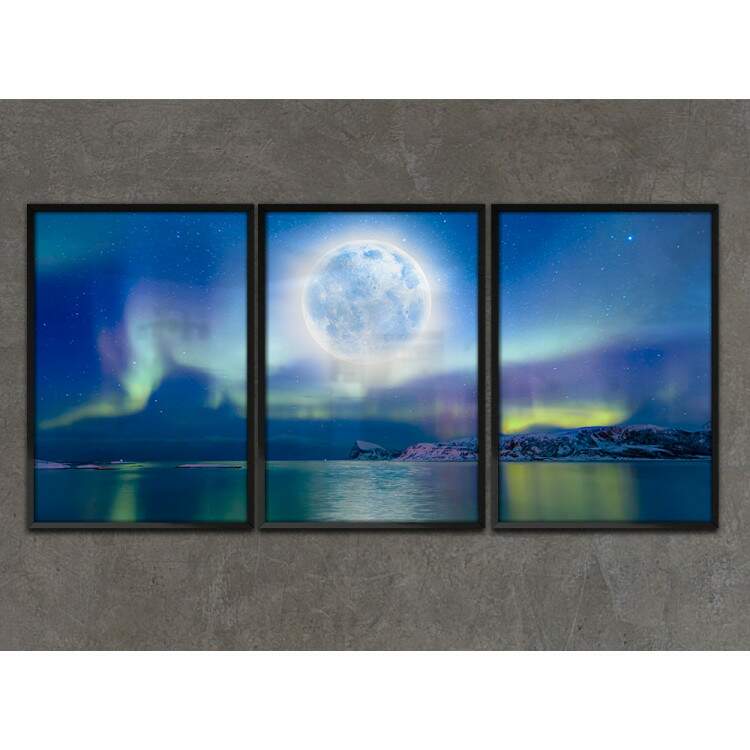 Kit 3 Quadros Decorativos Lua Na Aurora Boreal