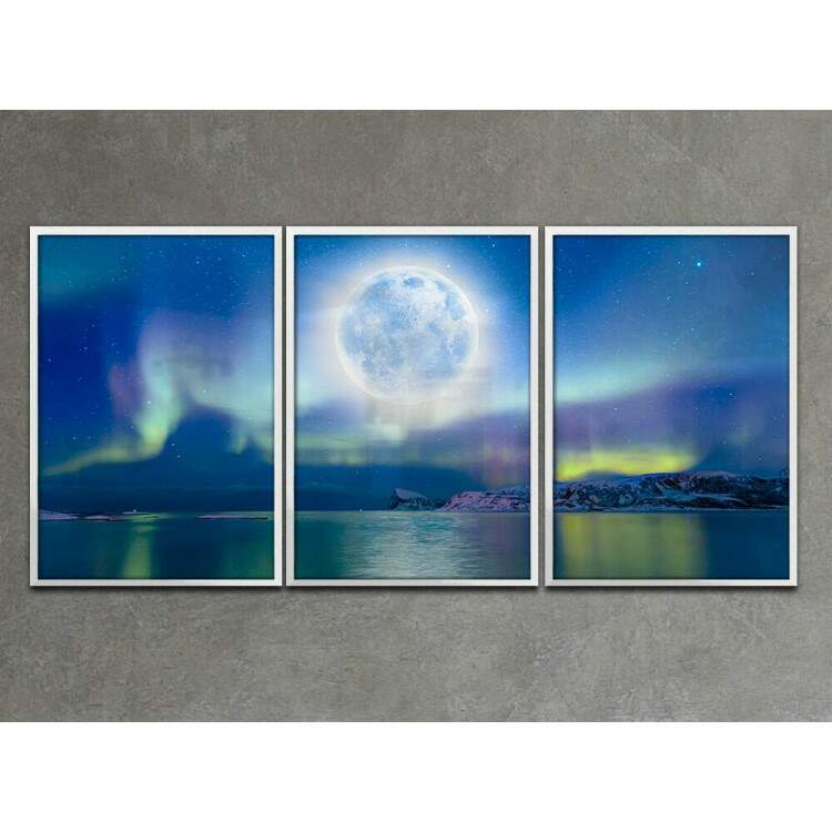 Kit 3 Quadros Decorativos Lua Na Aurora Boreal