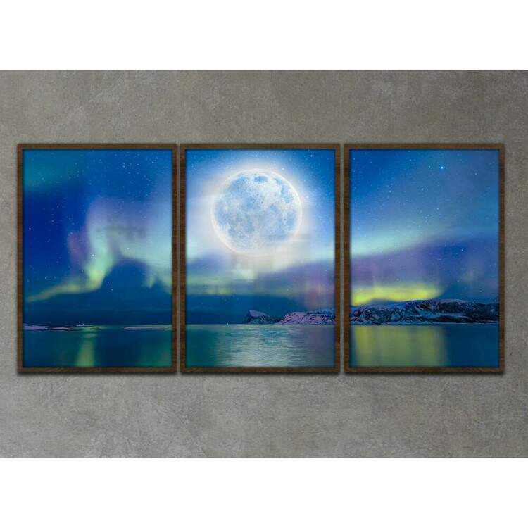 Kit 3 Quadros Decorativos Lua Na Aurora Boreal