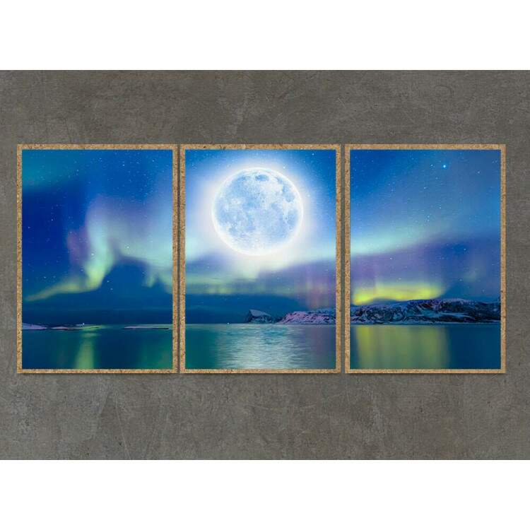 Kit 3 Quadros Decorativos Lua Na Aurora Boreal