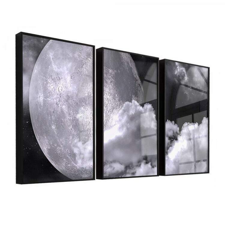 Kit 3 Quadros Decorativos Lua Preto e Branco