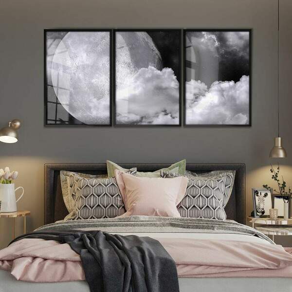 Kit 3 Quadros Decorativos Lua Preto e Branco