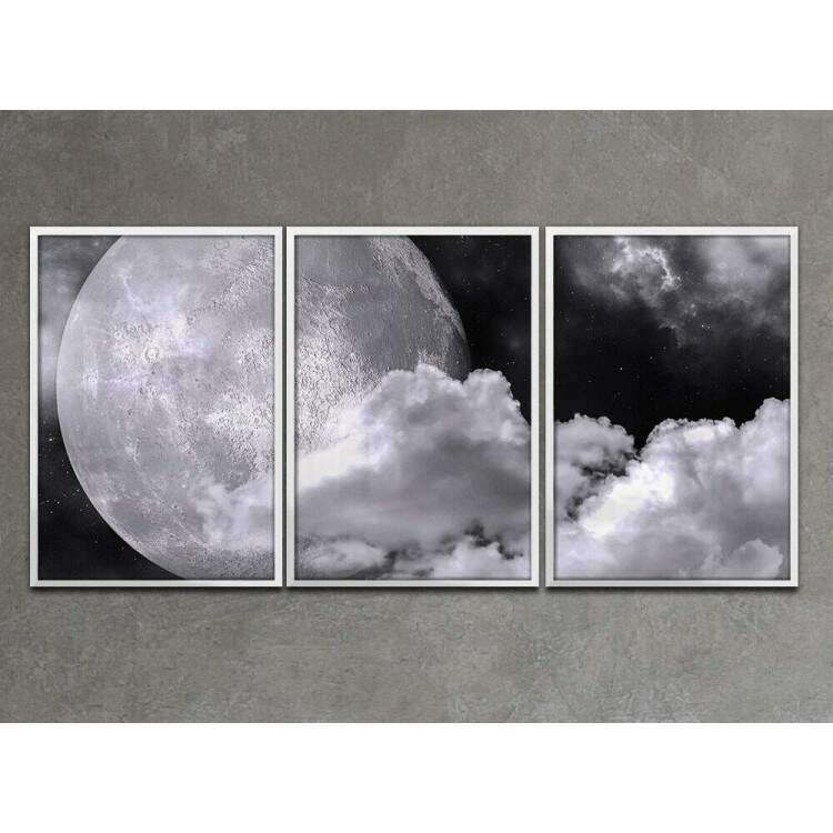 Kit 3 Quadros Decorativos Lua Preto e Branco