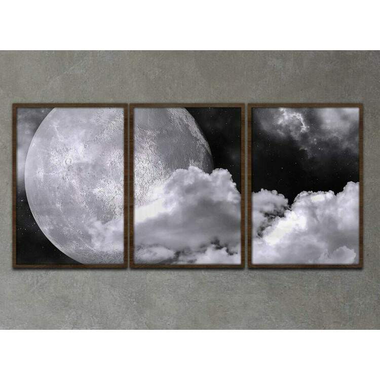 Kit 3 Quadros Decorativos Lua Preto e Branco