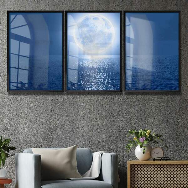 Kit 3 Quadros Decorativos Lua no Mar