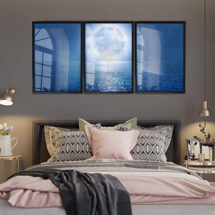 Kit 3 Quadros Decorativos Lua no Mar