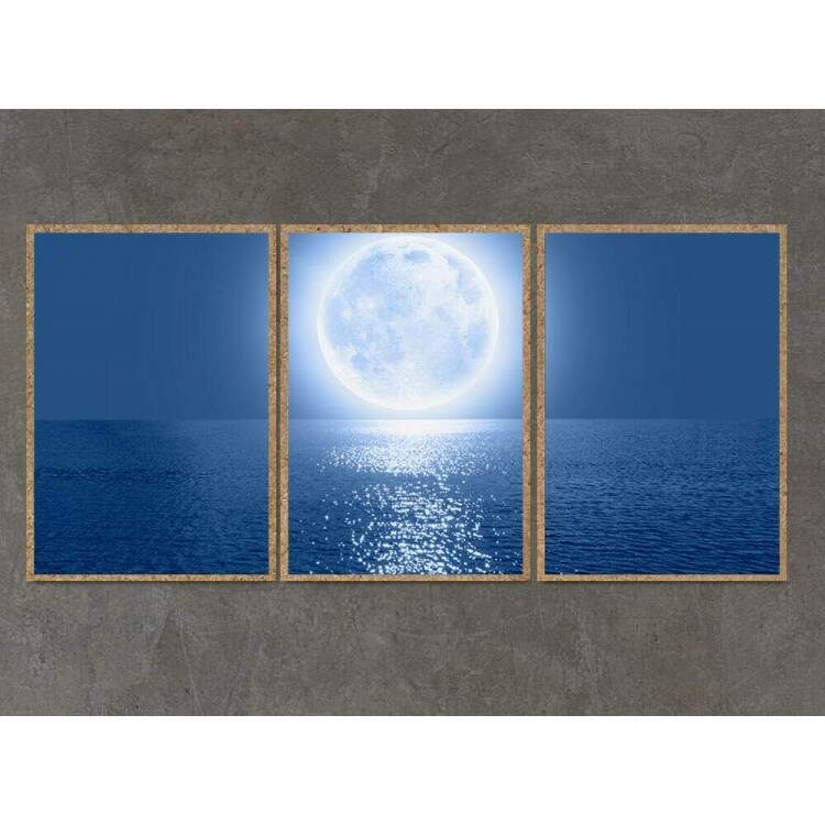 Kit 3 Quadros Decorativos Lua no Mar