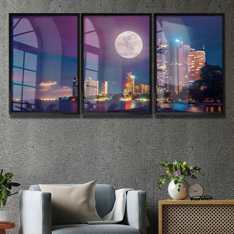 Kit 3 Quadros Decorativos Luar na Cidade Iluminada