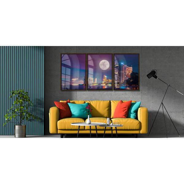 Kit 3 Quadros Decorativos Luar na Cidade Iluminada