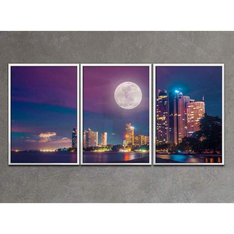 Kit 3 Quadros Decorativos Luar na Cidade Iluminada