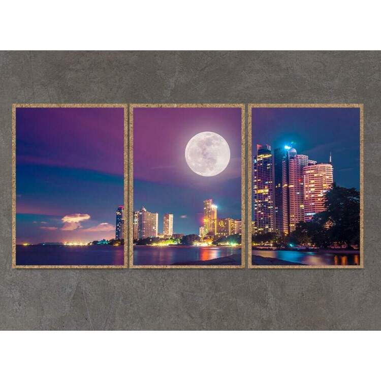 Kit 3 Quadros Decorativos Luar na Cidade Iluminada