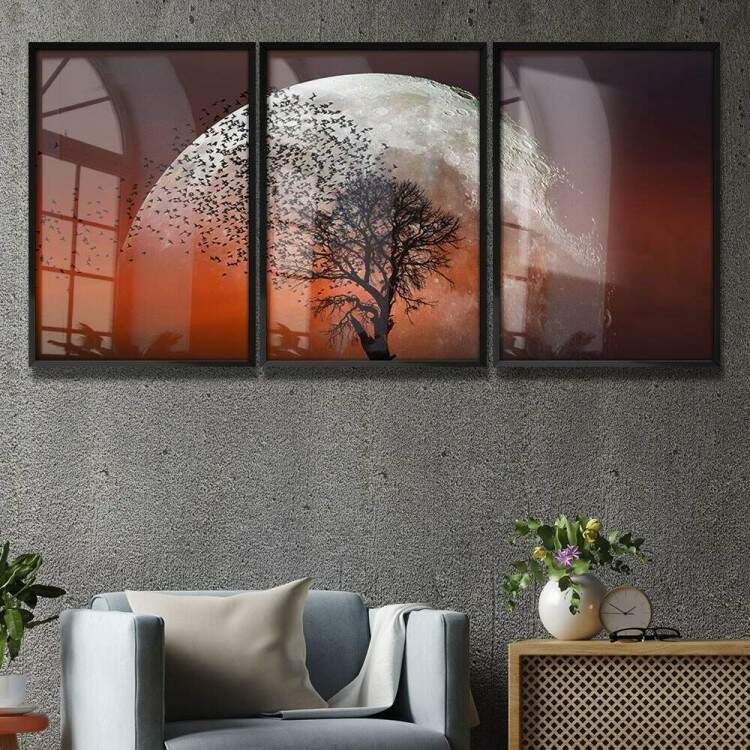 Kit 3 Quadros Decorativos Lua no Por do Sol com Pssaros