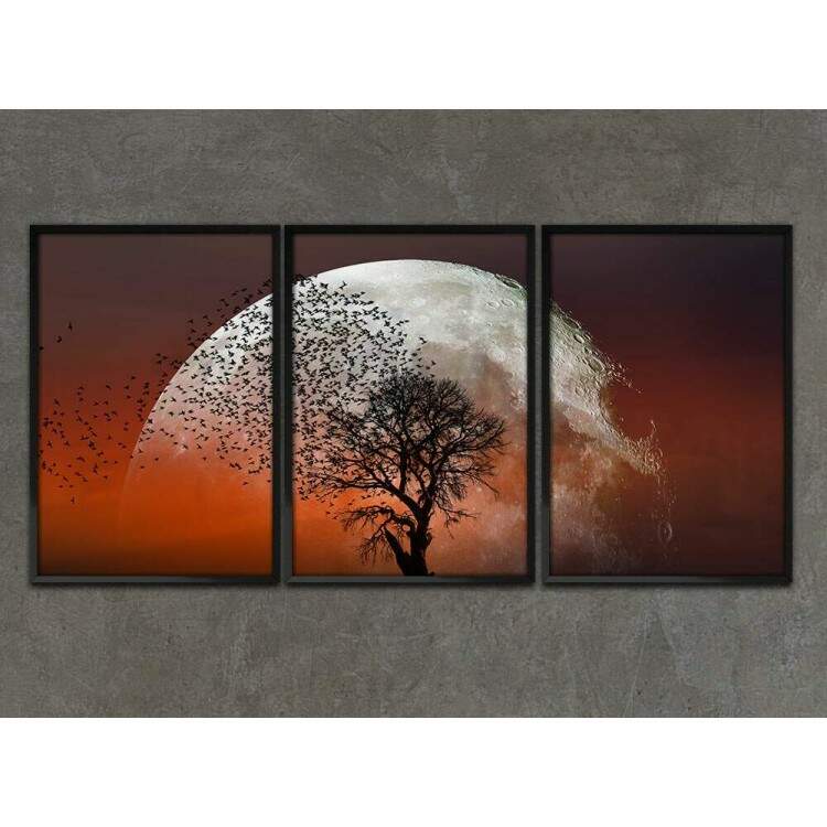 Kit 3 Quadros Decorativos Lua no Por do Sol com Pssaros