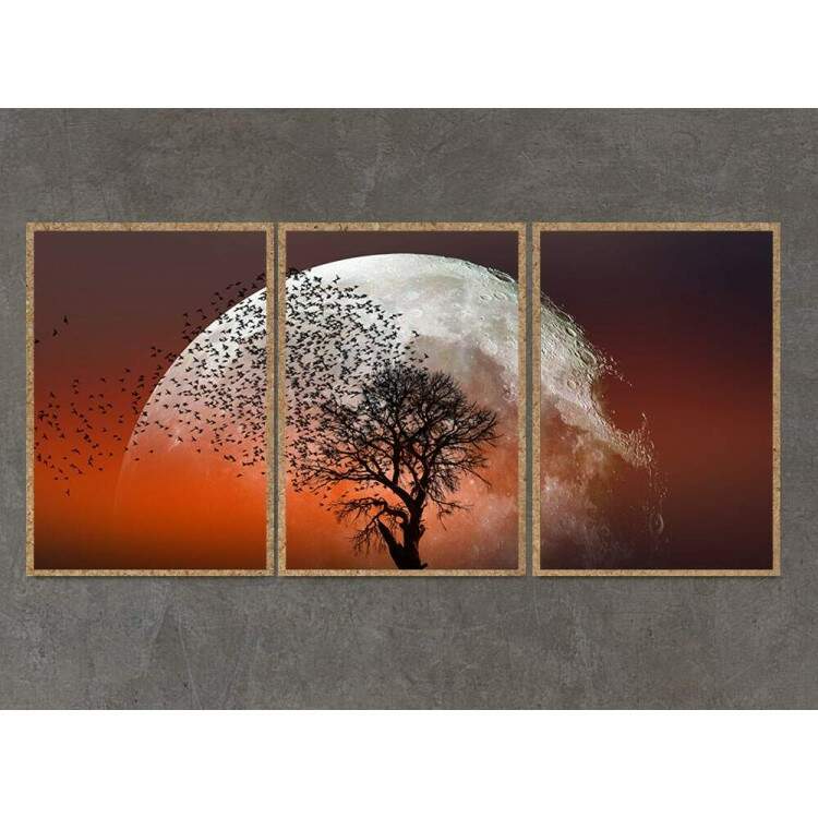 Kit 3 Quadros Decorativos Lua no Por do Sol com Pssaros