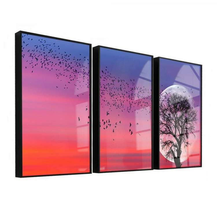 Kit 3 Quadros Decorativos Lua no Por do Sol com Pssaros Mod 02